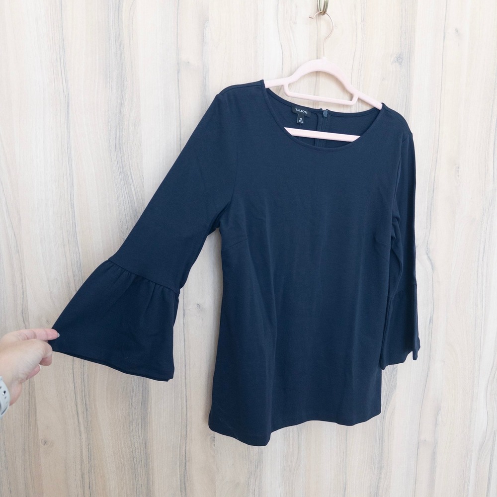 Talbots Womens Top M Navy Bell Sleeve Cotton Preppy Classic Career Chic Modest